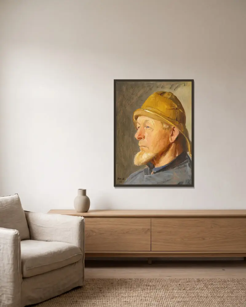 Rybak ze Skagen w południowo-zachodnim kapeluszu, Michael Ancher w ramie na ścianie