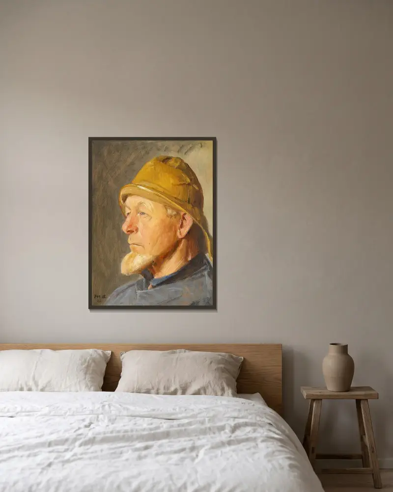 Rybak ze Skagen w południowo-zachodnim kapeluszu, Michael Ancher w ramie na ścianie