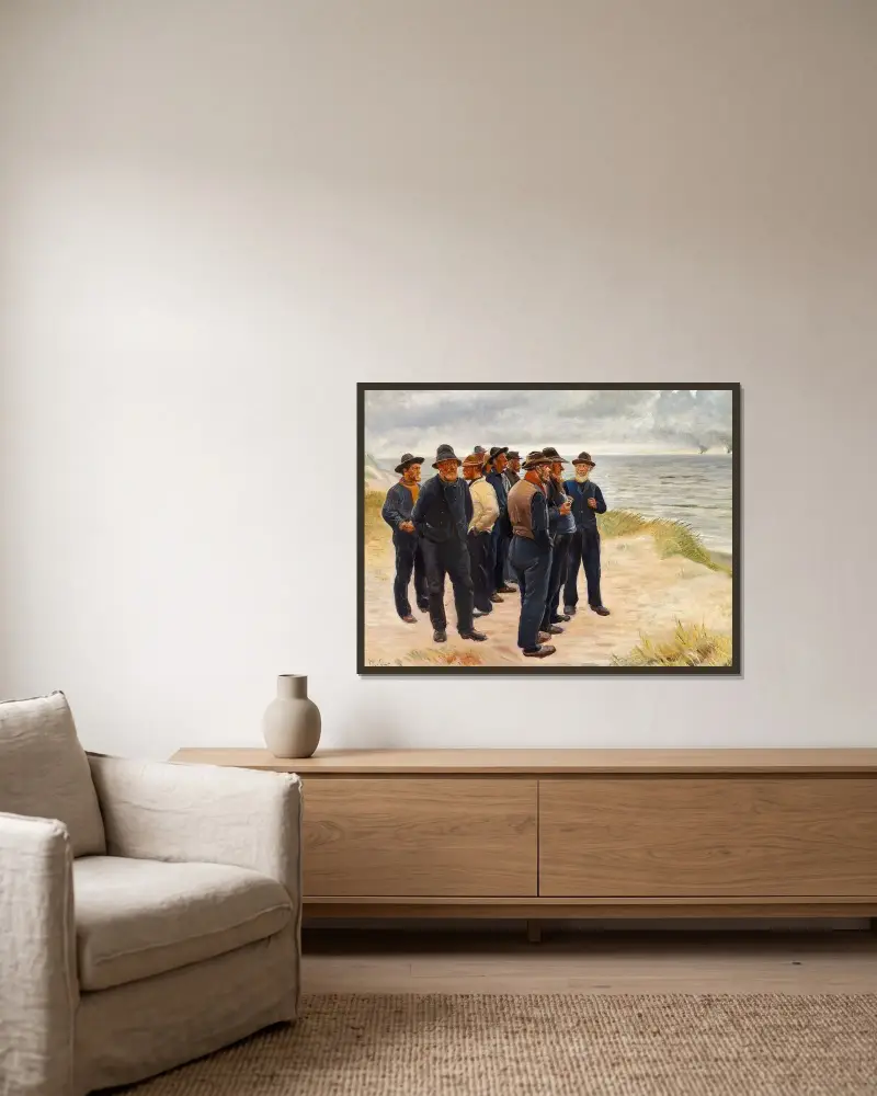 Fischer von Skagen am Strand blicken aufs Meer hinaus von Michael Ancher gerahmt an einer Wand