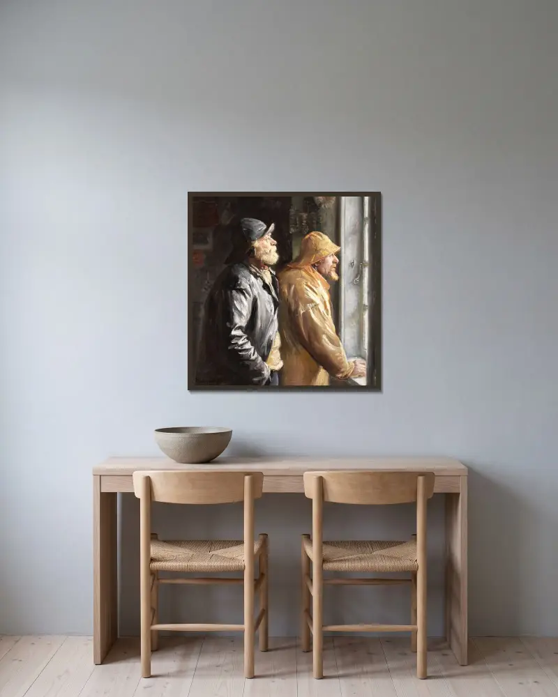 Två fiskare vid fönstret i butiken av Michael Ancher inramad på en vägg