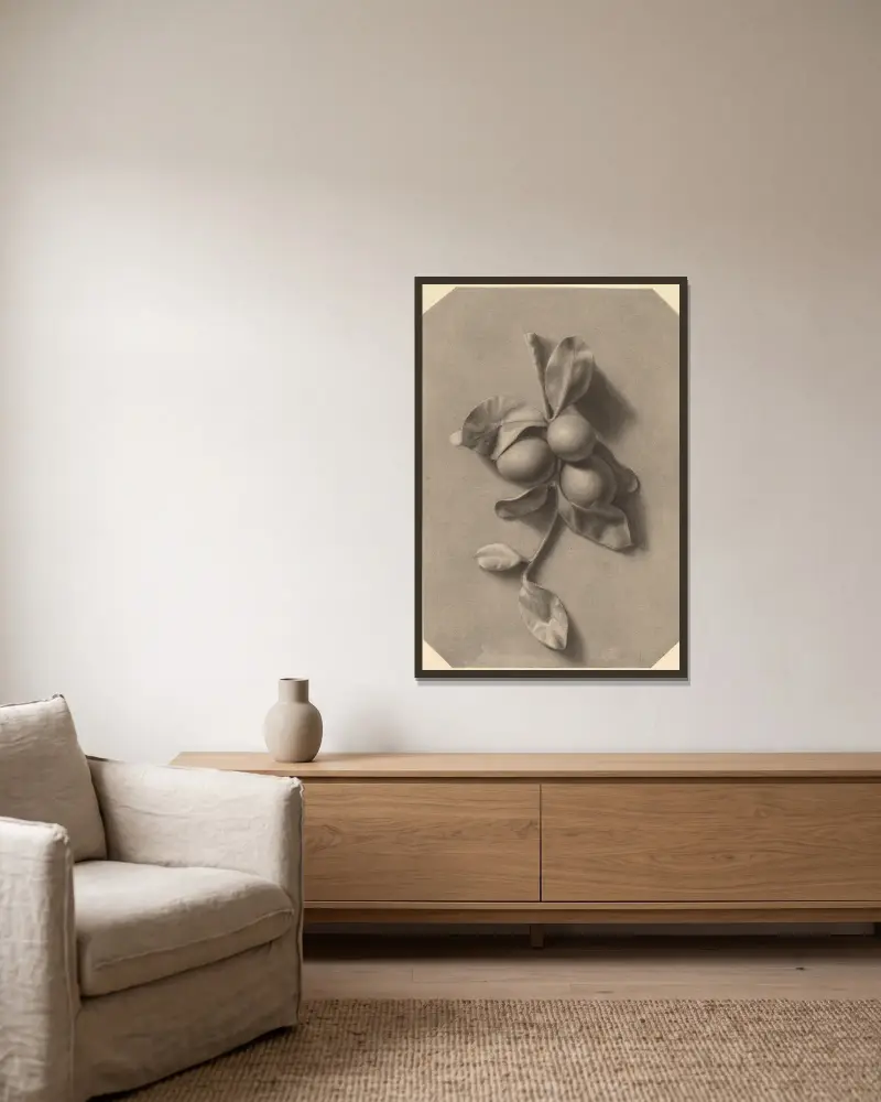 A Sprig of Plums av William Michael Harnett inramad på en vägg