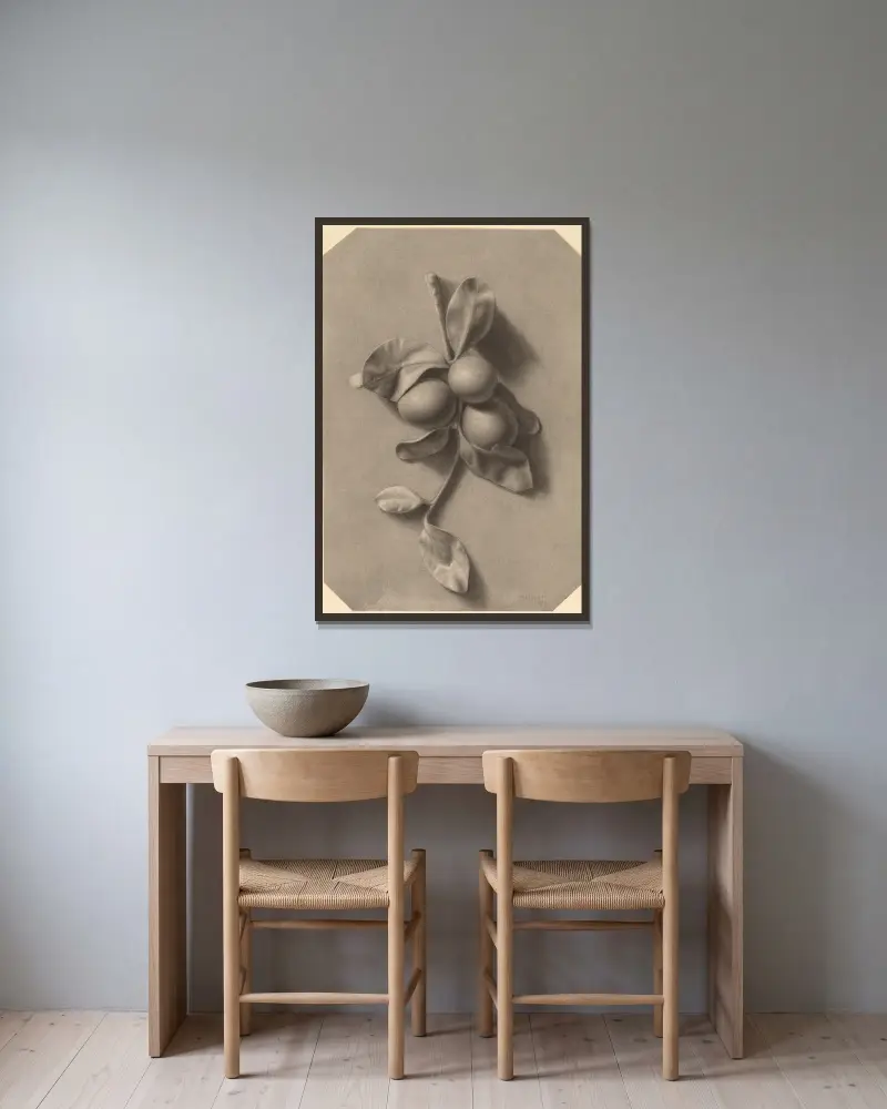 A Sprig of Plums av William Michael Harnett inramad på en vägg