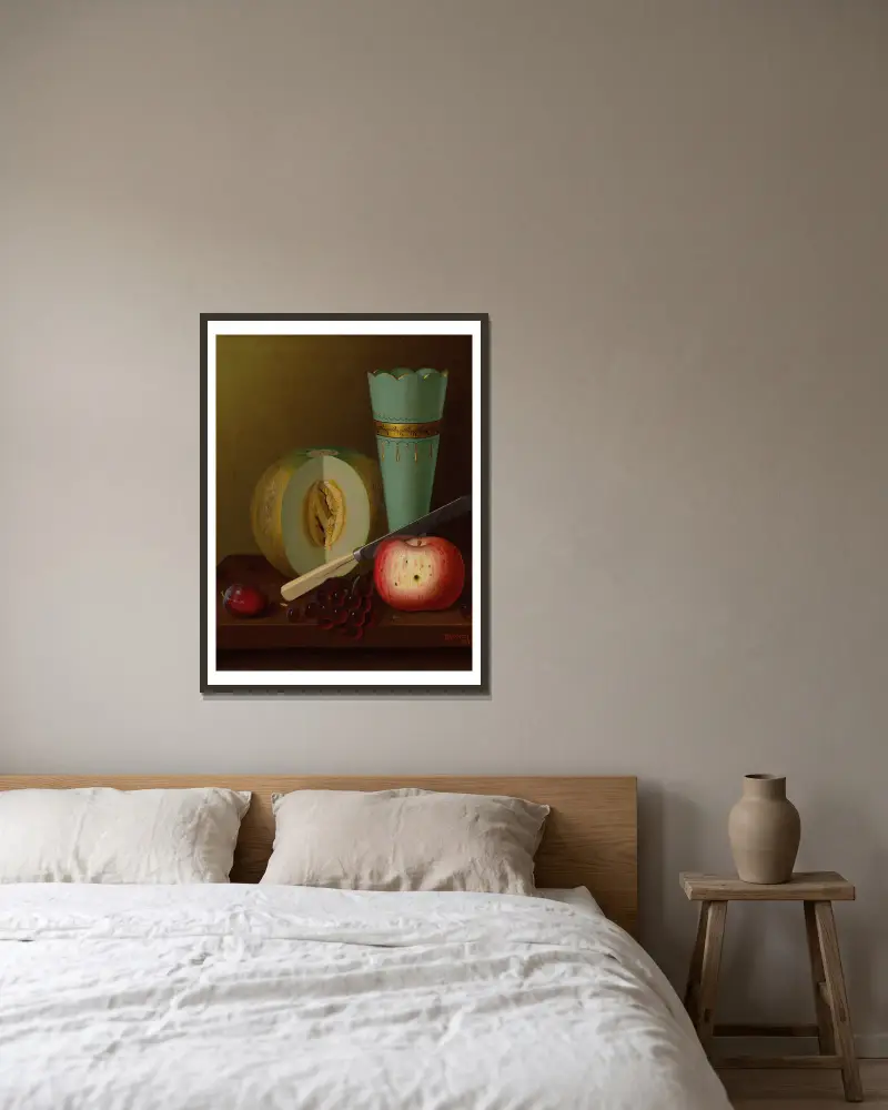 Obststücke von William Michael Harnett gerahmt an einer Wand