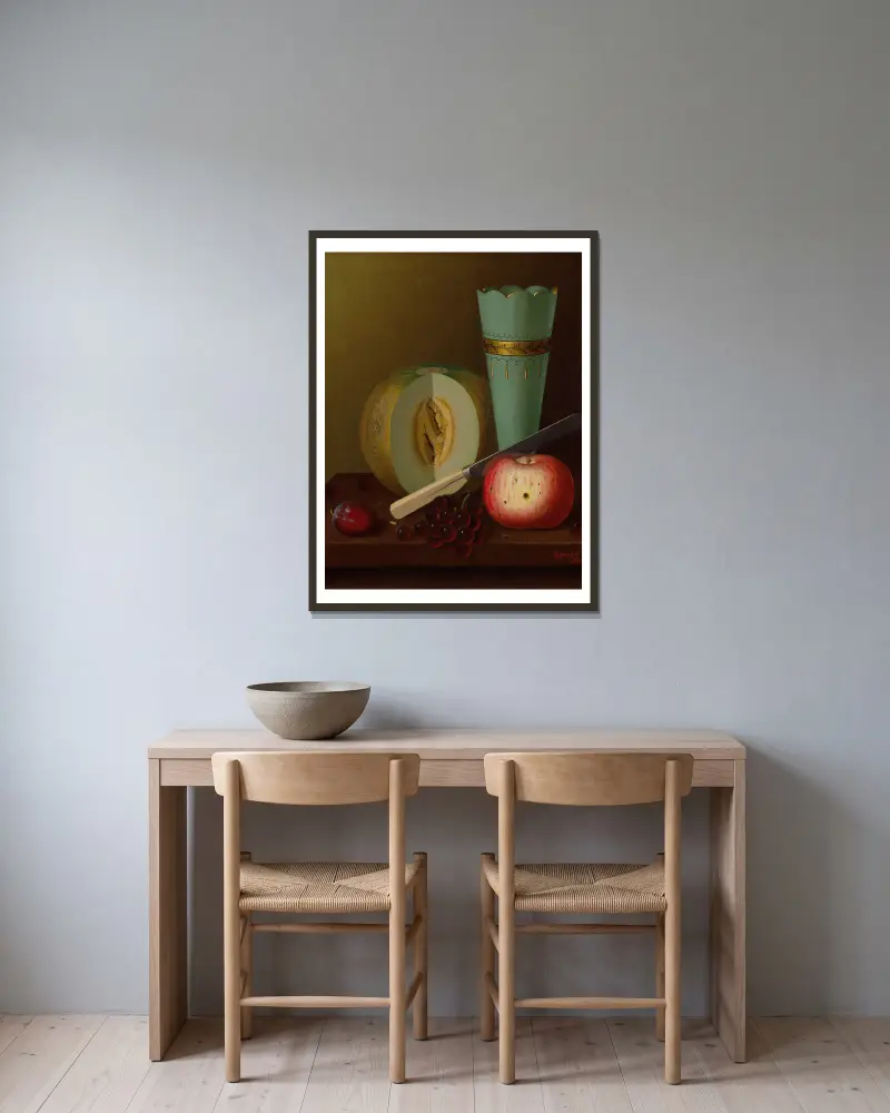 Obststücke von William Michael Harnett gerahmt an einer Wand