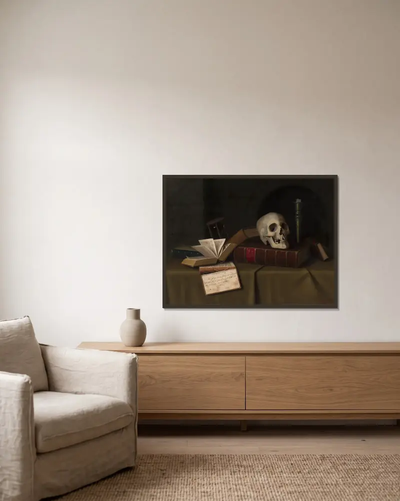Memento Mori, ‘To This Favour’ av William Michael Harnett inramad på en vägg