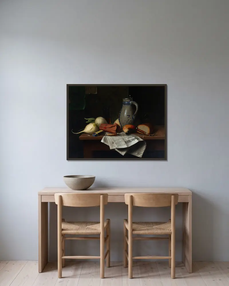 Münchner Stillleben von William Michael Harnett gerahmt an einer Wand