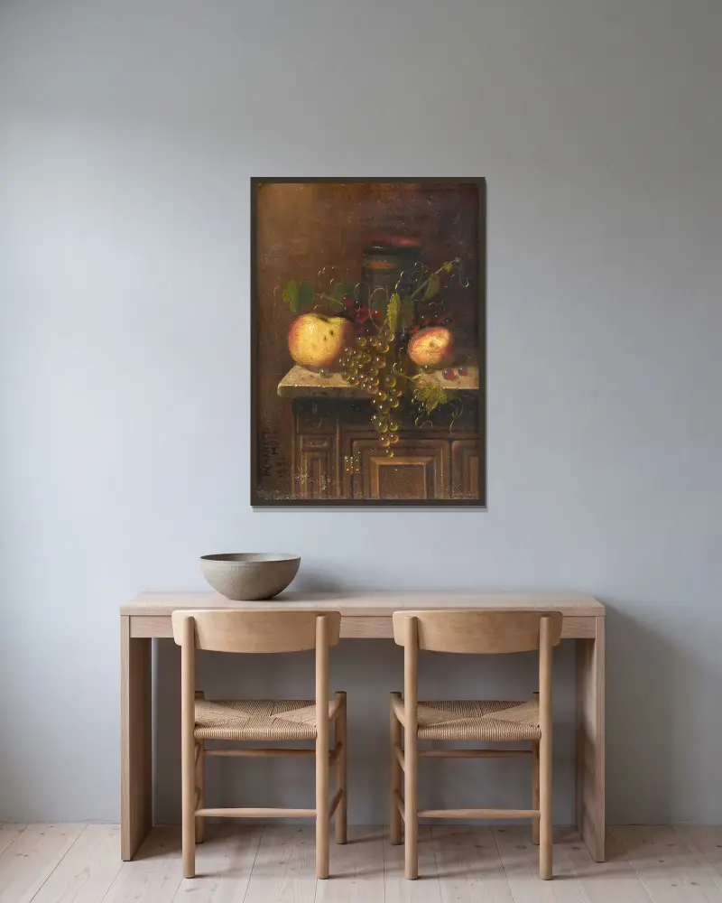Still Life with Egyptian Vase, Apples and Grapes on a Marble Top Console av William Michael Harnett inramad på en vägg