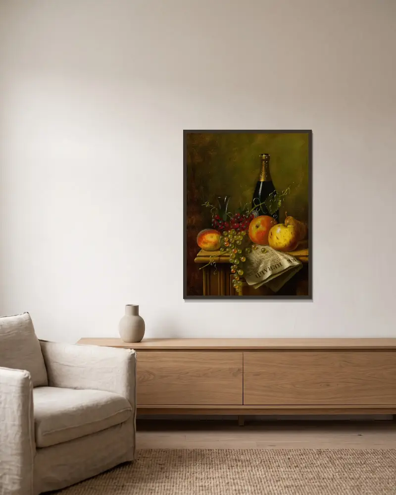 Still Life with Fruit, Champagne Bottle and Newspaper av William Michael Harnett inramad på en vägg