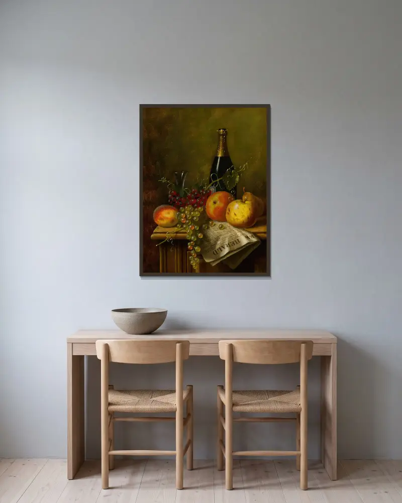 Still Life with Fruit, Champagne Bottle and Newspaper av William Michael Harnett inramad på en vägg