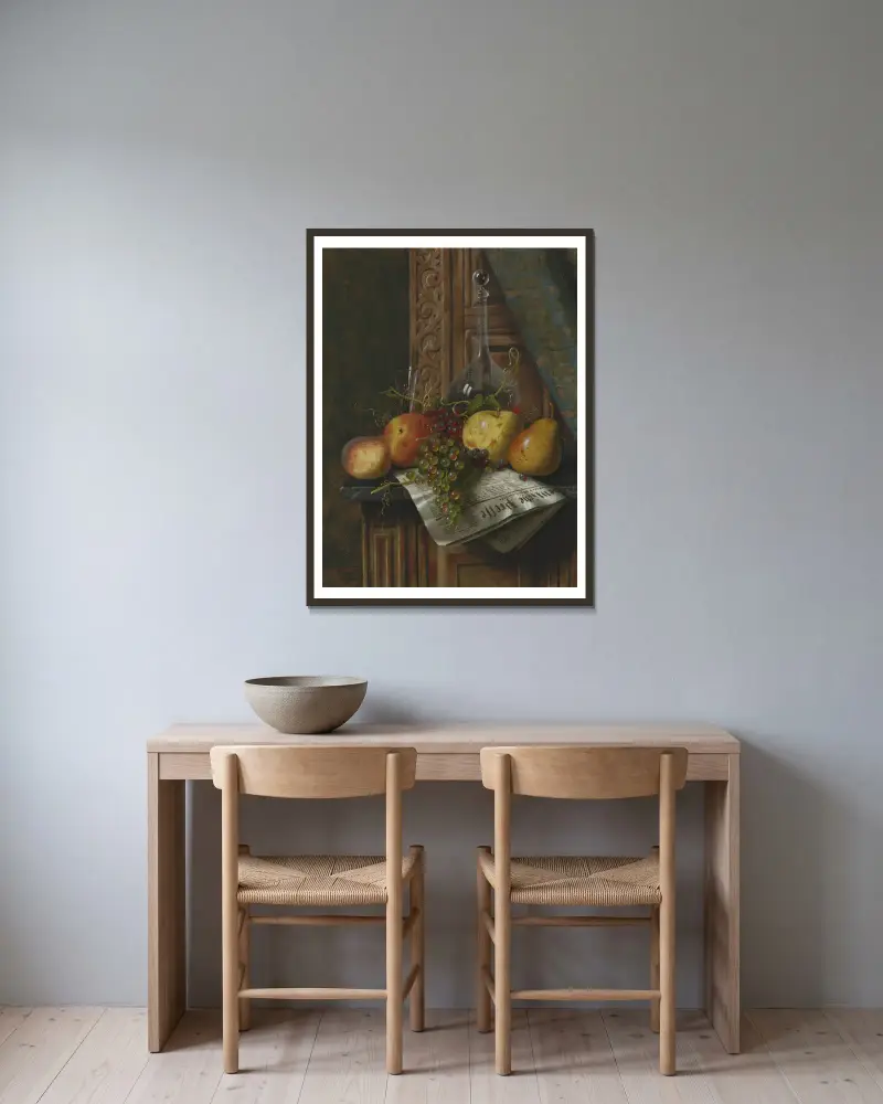 Still Life with Munich Newspaper, Fruit and Decanter av William Michael Harnett inramad på en vägg