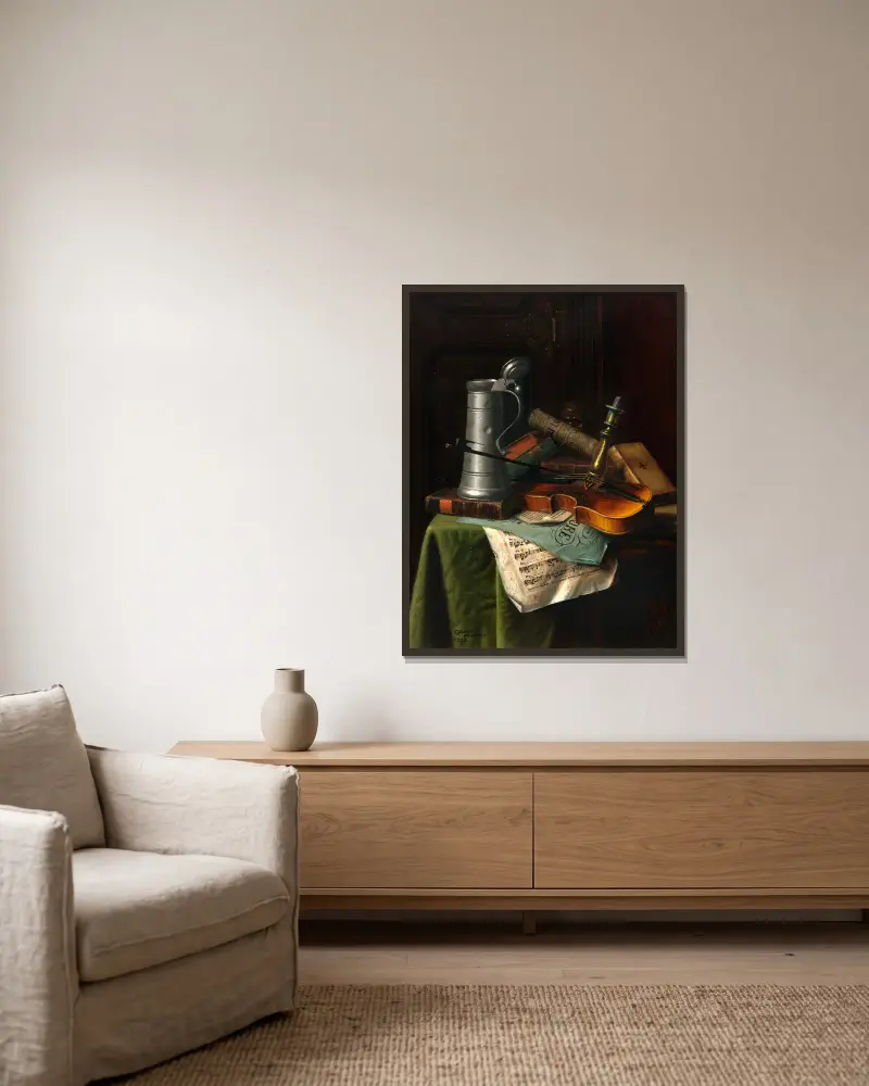Still Life with Violin, 1883 av William Michael Harnett inramad på en vägg