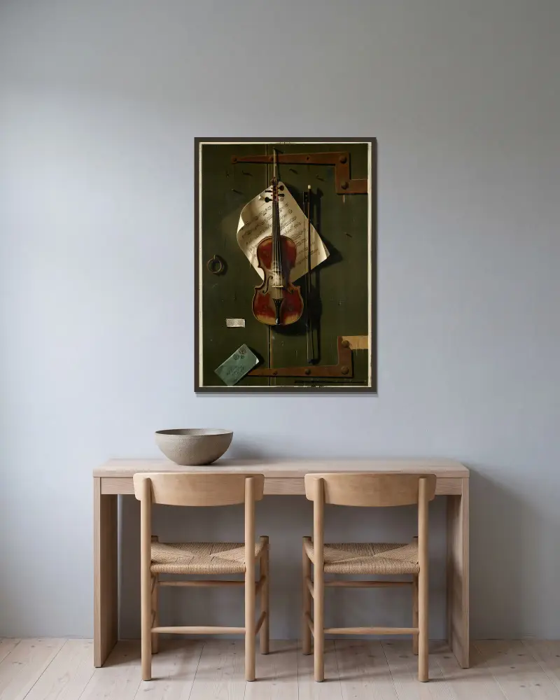 Die alte Violine, 1887 von William Michael Harnett gerahmt an einer Wand