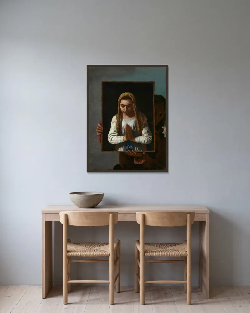 A portrait of the artist, presenting the Virgin in Prayer av Michael Sweerts inramad på en vägg