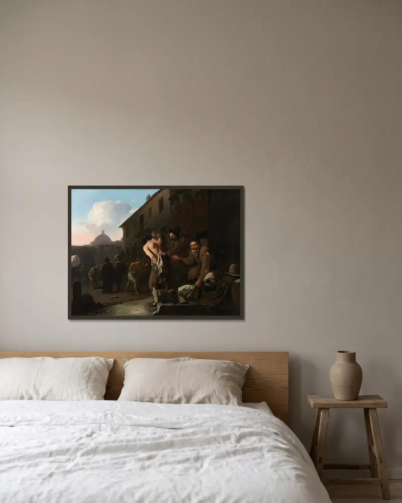 Clothing the Naked, 1646 av Michael Sweerts inramad på en vägg