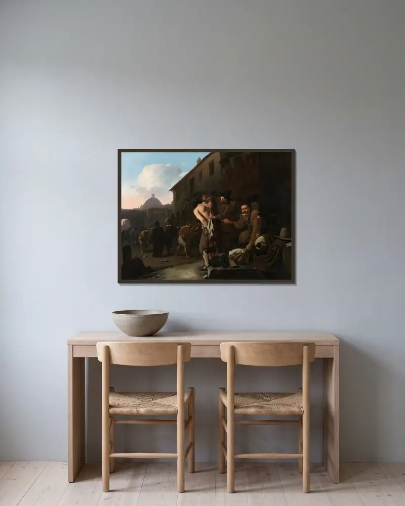 Clothing the Naked, 1646 av Michael Sweerts inramad på en vägg