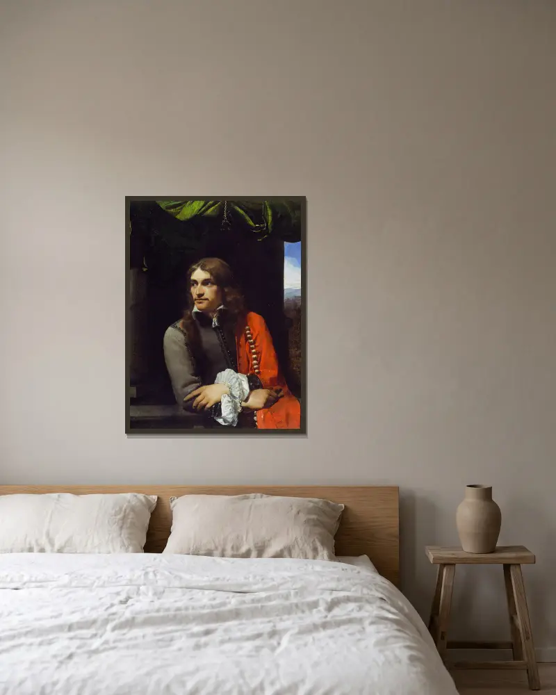 Portrait of Man, possibly Jean Deutz, with a Red Cloak av Michael Sweerts inramad på en vägg