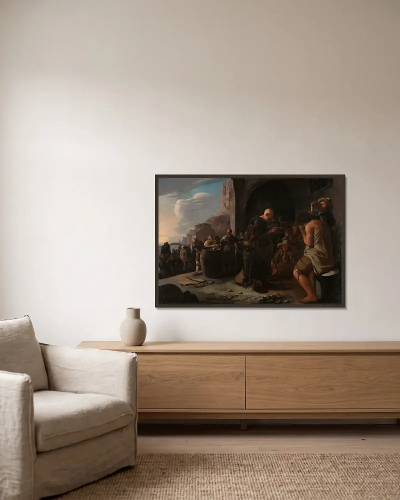 Den Durst stillen von Michael Sweerts gerahmt an einer Wand