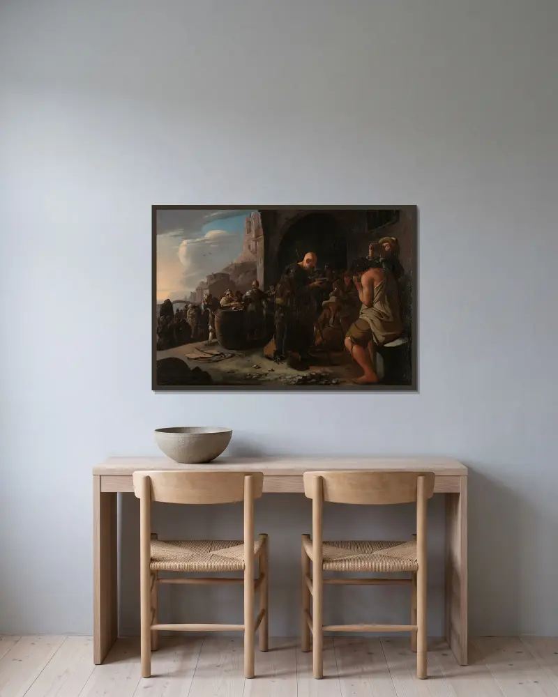 Den Durst stillen von Michael Sweerts gerahmt an einer Wand