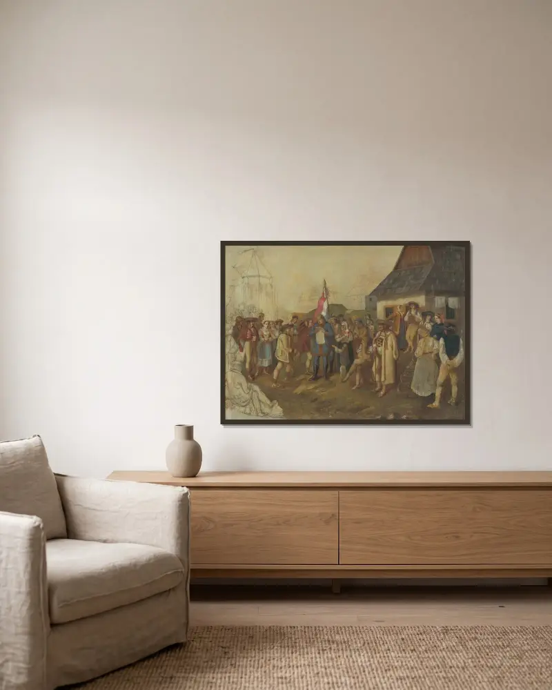 Porträt eines slowakischen Menschen aus dem Frühling 1848 von Peter Michal Bohúň gerahmt an einer Wand