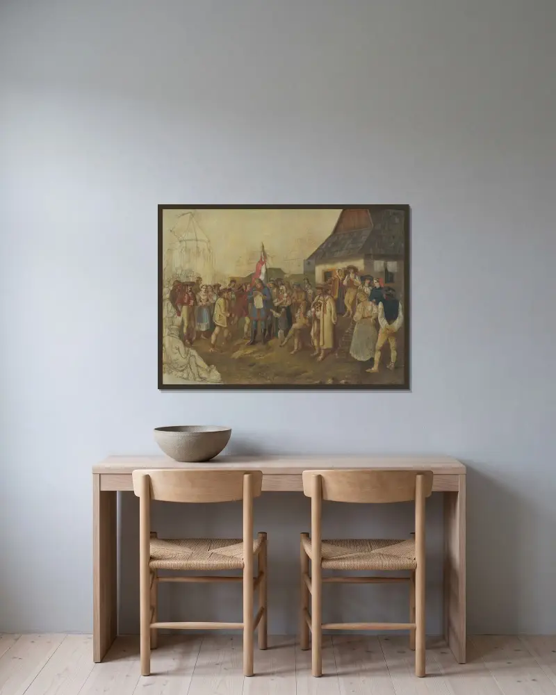 Porträt eines slowakischen Menschen aus dem Frühling 1848 von Peter Michal Bohúň gerahmt an einer Wand