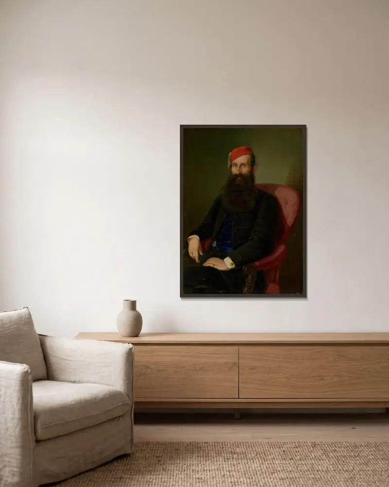 Portret mężczyzny w fezie (Portret Kolomana Kubínego), Peter Michal Bohúň w ramie na ścianie