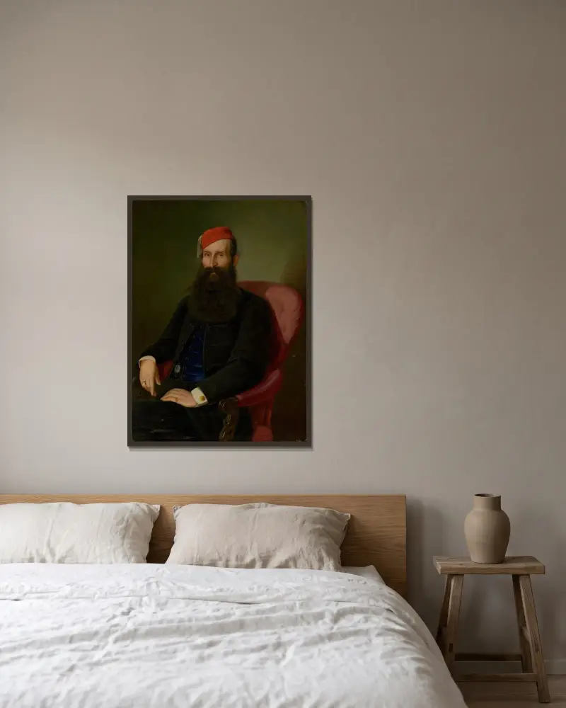 Portret mężczyzny w fezie (Portret Kolomana Kubínego), Peter Michal Bohúň w ramie na ścianie