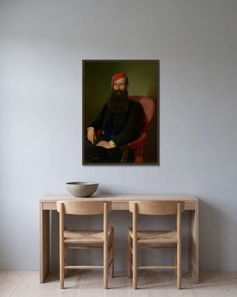 Portret mężczyzny w fezie (Portret Kolomana Kubínego), Peter Michal Bohúň w ramie na ścianie