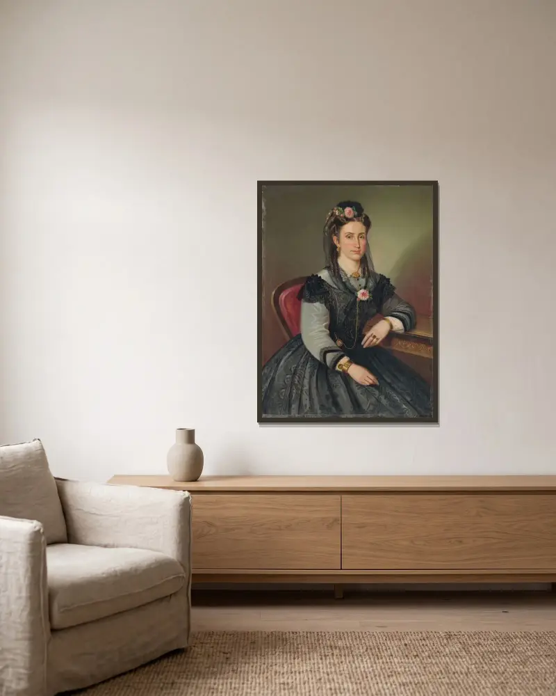 Porträt einer sitzenden Dame (Mrs. Ilona Kubínyiová-Zmeškalová) von Peter Michal Bohúň gerahmt an einer Wand