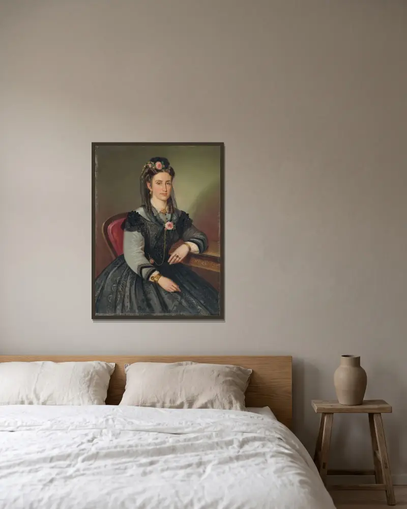 Porträt einer sitzenden Dame (Mrs. Ilona Kubínyiová-Zmeškalová) von Peter Michal Bohúň gerahmt an einer Wand
