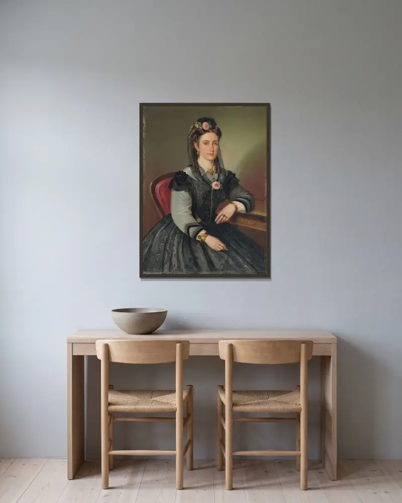 Porträt einer sitzenden Dame (Mrs. Ilona Kubínyiová-Zmeškalová) von Peter Michal Bohúň gerahmt an einer Wand