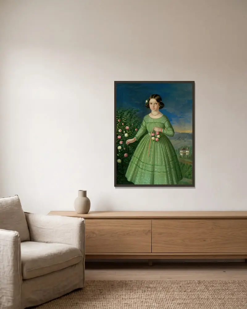 Portrait of Klementína Matyašová-Szakmaryová av Peter Michal Bohúň inramad på en vägg