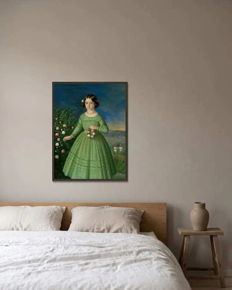 Portrait of Klementína Matyašová-Szakmaryová av Peter Michal Bohúň inramad på en vägg