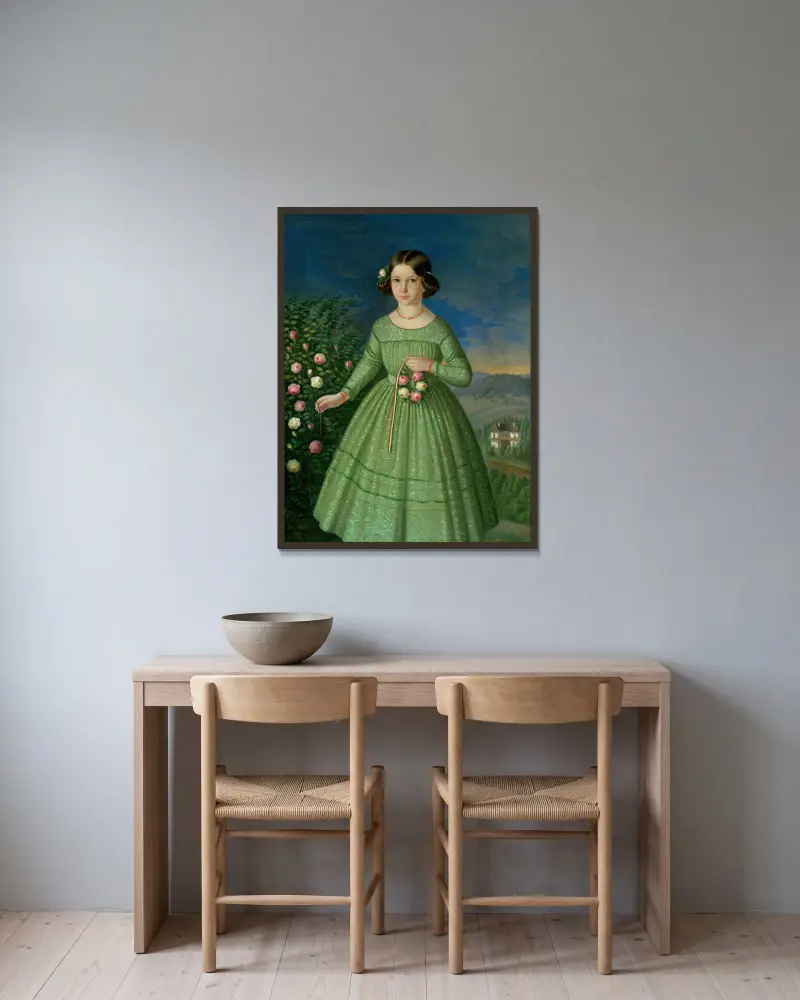 Portrait of Klementína Matyašová-Szakmaryová av Peter Michal Bohúň inramad på en vägg