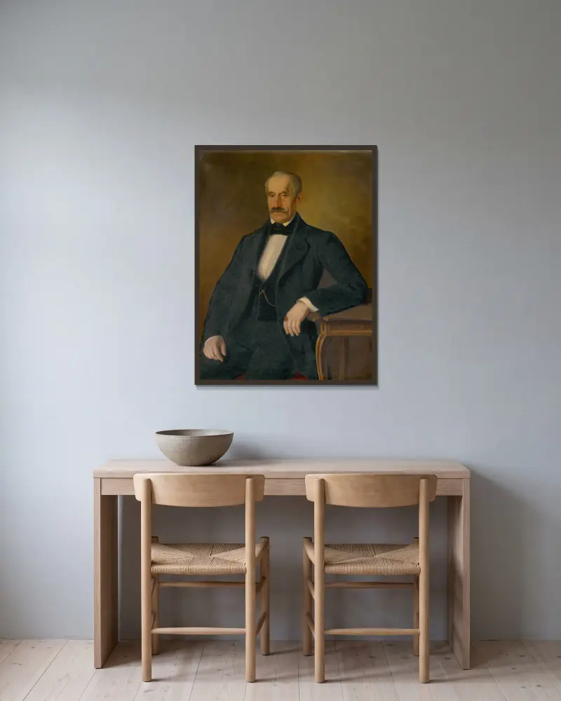 Portrait of Móric Zmeškal av Peter Michal Bohúň inramad på en vägg