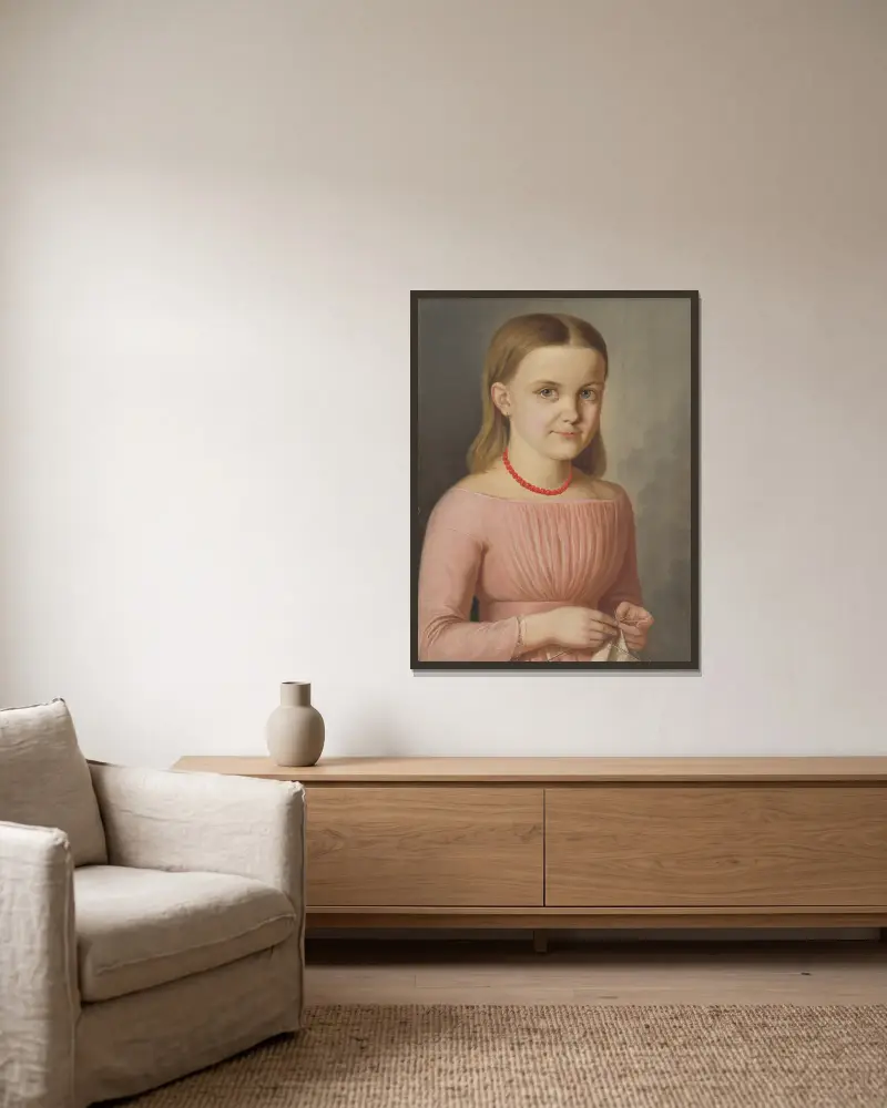 Portrait of Ľudmila Droppová av Peter Michal Bohúň inramad på en vägg