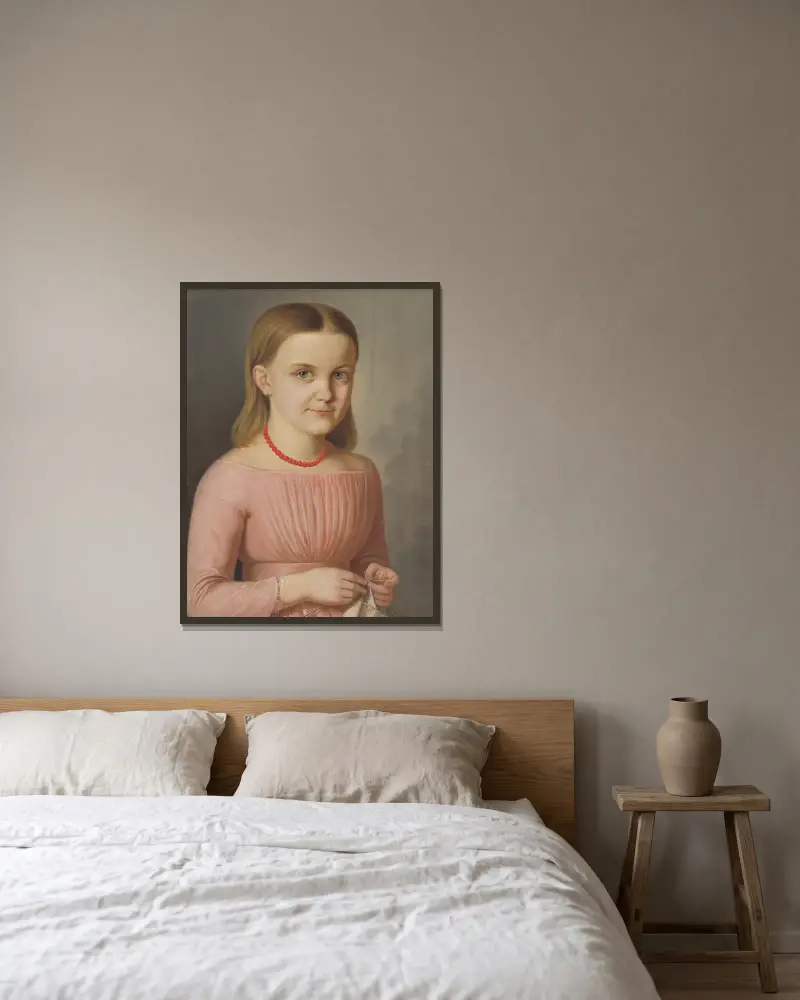 Portrait of Ľudmila Droppová av Peter Michal Bohúň inramad på en vägg