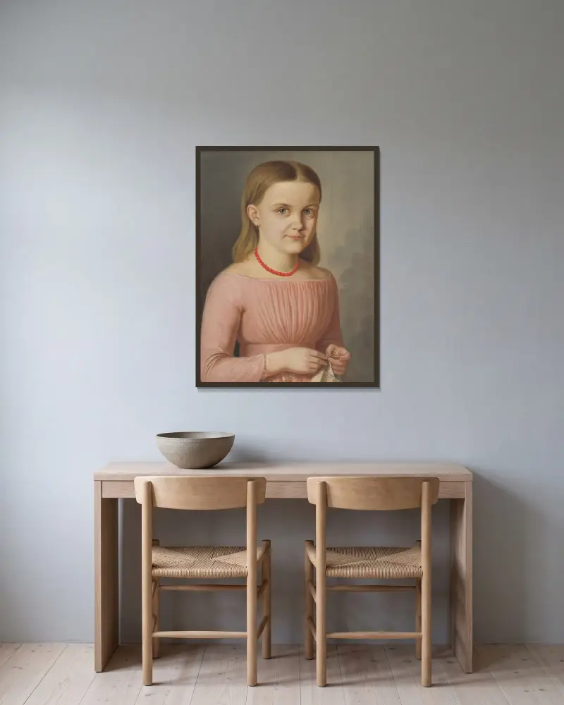Portrait of Ľudmila Droppová av Peter Michal Bohúň inramad på en vägg