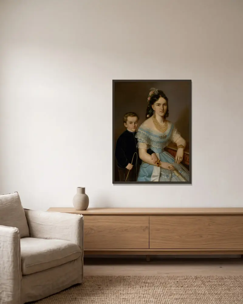 Portrait of Ľudmila Zmeškalová (neé Pongráczová) with son Jozef av Peter Michal Bohúň inramad på en vägg