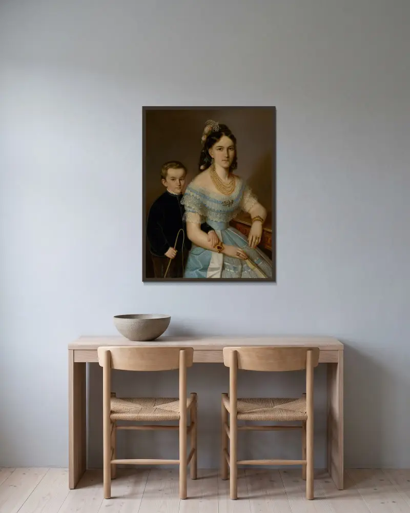 Portrait of Ľudmila Zmeškalová (neé Pongráczová) with son Jozef av Peter Michal Bohúň inramad på en vägg