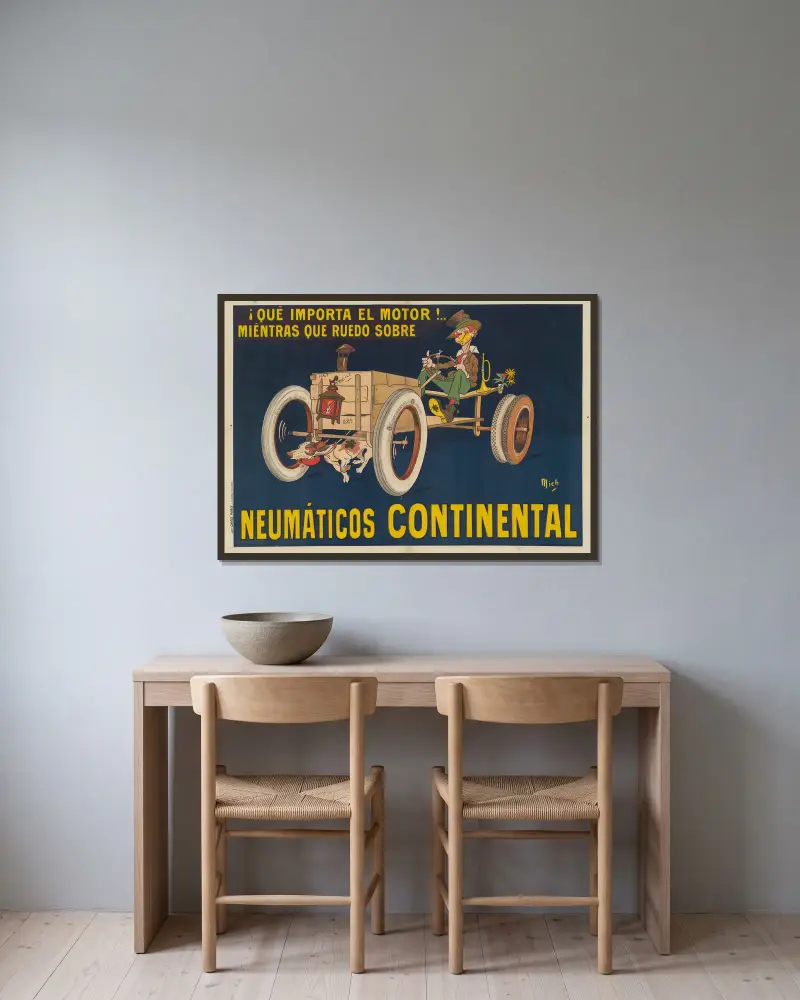 Qu’importe le motor!.. Miéntras que ruedo sobre neumáticos Continental av Mich (Michel Liebeaux) inramad på en vägg