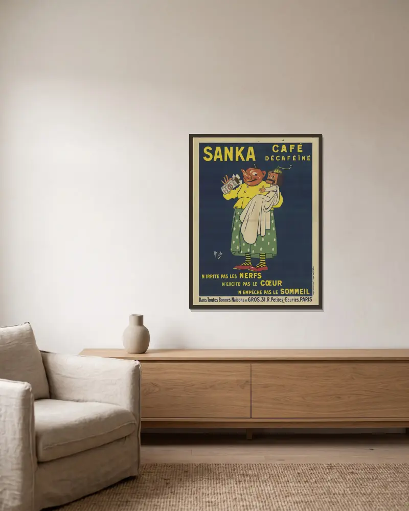 Sanka, café décaféiné. N’irrite pas les nerfs, n’excite pas le coeur, n’empêche pas le sommeil av Mich (Michel Liebeaux) inramad på en vägg