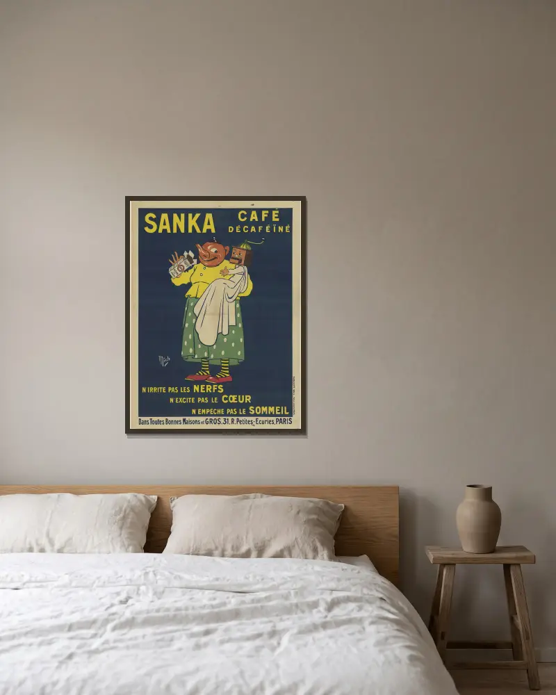 Sanka, café décaféiné. N’irrite pas les nerfs, n’excite pas le coeur, n’empêche pas le sommeil av Mich (Michel Liebeaux) inramad på en vägg