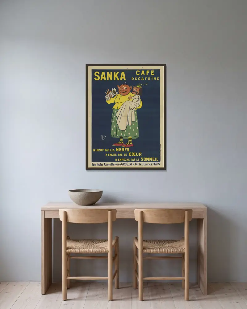 Sanka, café décaféiné. N’irrite pas les nerfs, n’excite pas le coeur, n’empêche pas le sommeil av Mich (Michel Liebeaux) inramad på en vägg