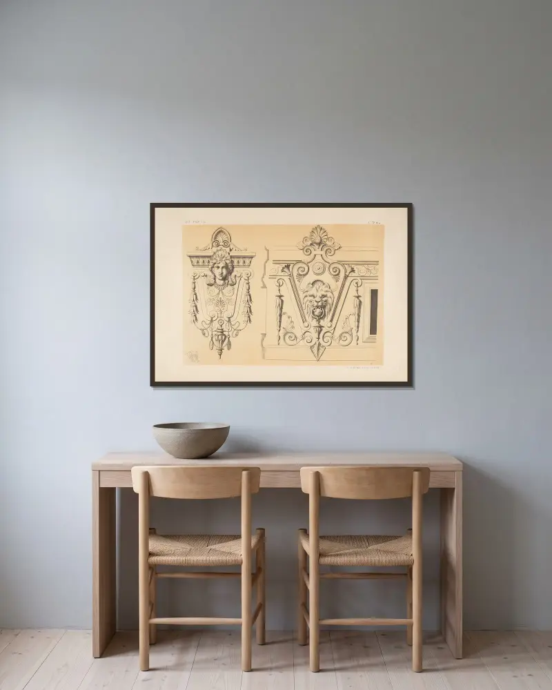 Kartusche und Schlüssel; neugriechischer Stil von Michel Liénard gerahmt an einer Wand