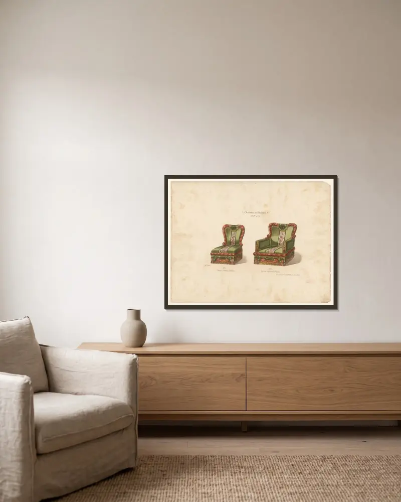Stuhl Katharina von Medici; Sessel Katharina von Medici von Victor Léon Michel Quétin gerahmt an einer Wand