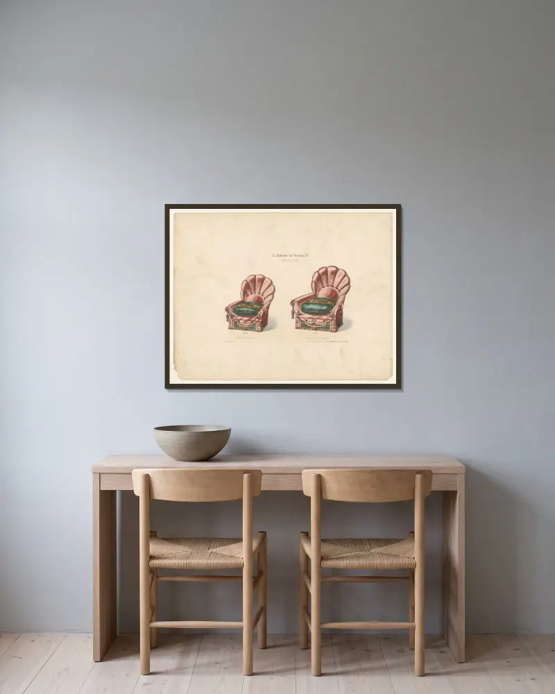Chaise F. de Lesseps ; Fauteuil F. de Lesseps av Victor Léon Michel Quétin inramad på en vägg