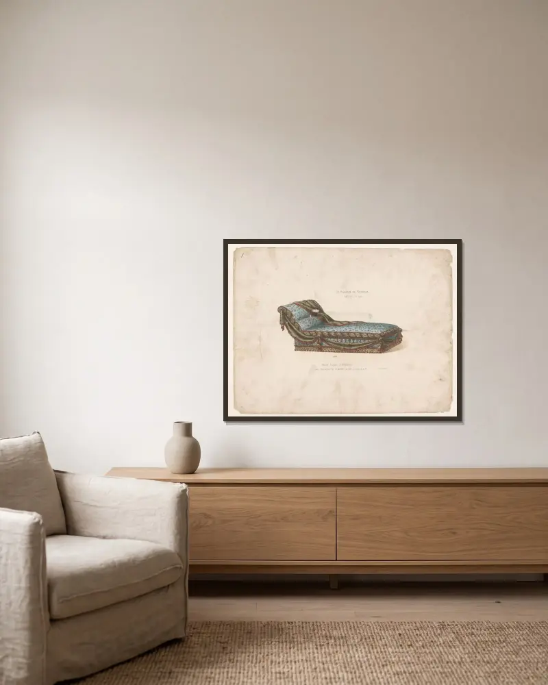 Chaise longue med draperingar av Victor Léon Michel Quétin inramad på en vägg