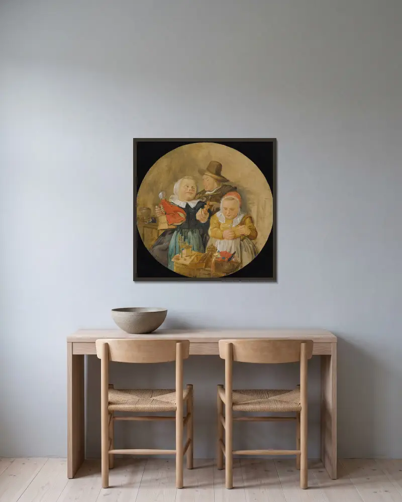An Interior With A Man Holding A Flute, And Two Children Playing With Their Toys av Jan Miense Molenaer inramad på en vägg