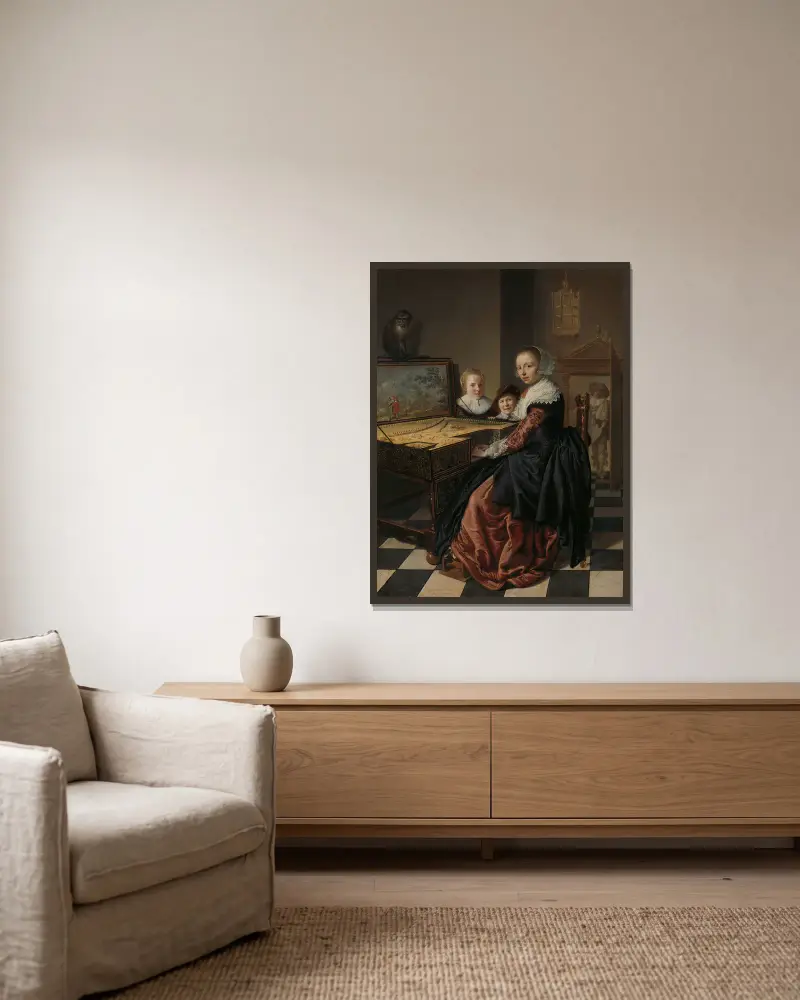 Woman Playing the Virginal av Jan Miense Molenaer inramad på en vägg