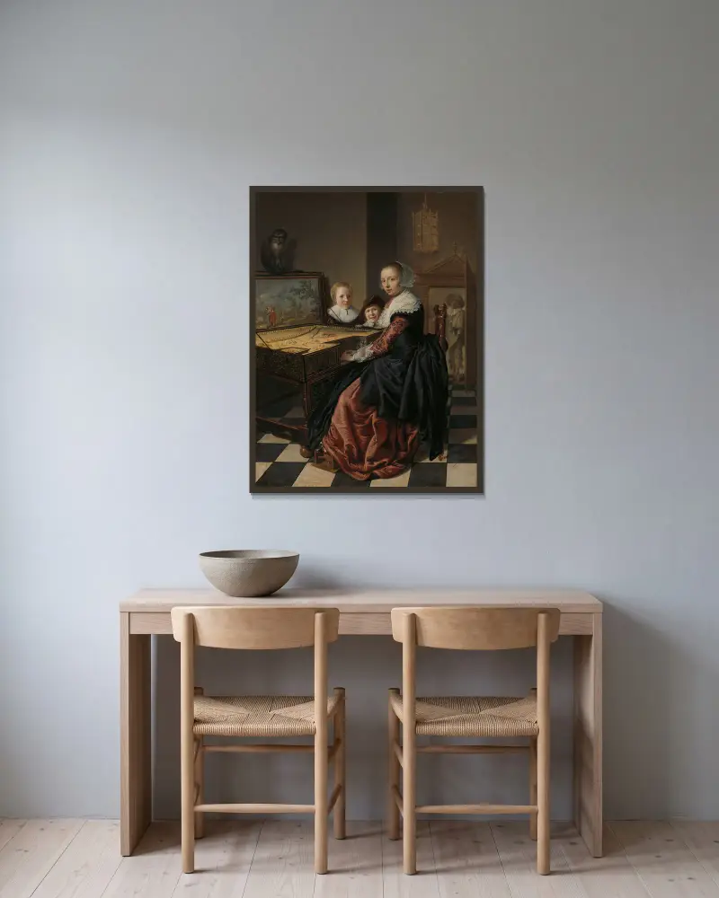 Woman Playing the Virginal av Jan Miense Molenaer inramad på en vägg